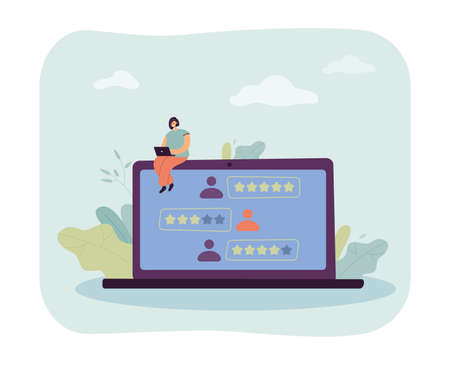 Huge laptop with customer reviews on screen. Tiny girl analyzing users feedback flat vector illustration. Rating system, satisfaction, evaluation concept for banner, website design or landing web pageのイラスト素材