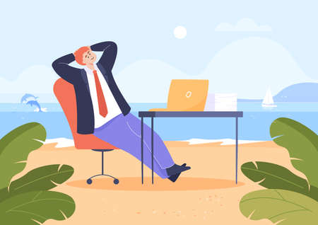 Happy office worker resting on beach during break. Businessman relaxing and dreaming of rest, Friday or weekend flat vector illustration. Vacation, relaxation concept for banner or landing web pageのイラスト素材