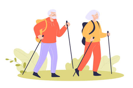 Elderly couple walking with trekking poles and backpacks. Old people traveling together flat vector illustration. Hiking, trekking, healthy lifestyle, active ageing concept for banner, website designのイラスト素材