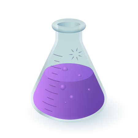 Glass bottle or beaker with purple liquid 3D icon. Laboratory equipment for experiments, test tube...