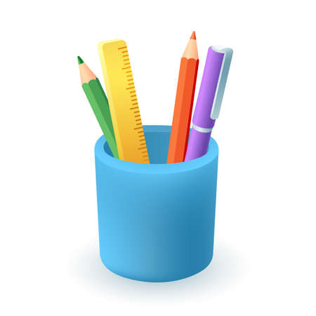 Plastic cup with different school supplies 3D icon. Pencils, pen and ruler for students or pupils 3D vector illustration on white background. Education, stationery conceptのイラスト素材