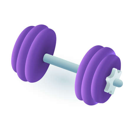Dumbbell with purple plates 3D icon. Weights, equipment for gym 3D vector illustration on white background. Sports, healthy or active lifestyle, fitness conceptのイラスト素材