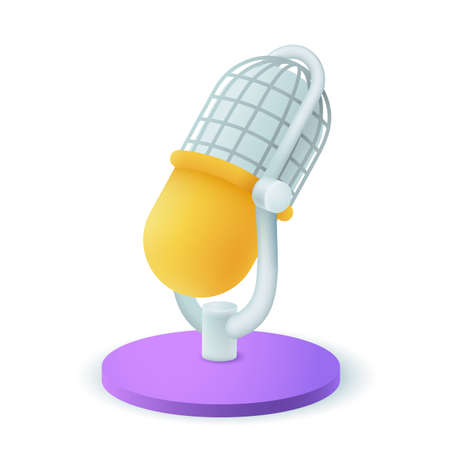 Purple and yellow microphone 3D icon. Studio retro equipment for recording sound, voice on interview or song, radio broadcast 3D vector illustration on white background. Entertainment conceptのイラスト素材
