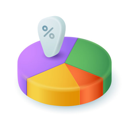Pie chart, round infographic data presentation 3D icon. Percent circular diagram with segments of different colors 3D vector illustration on white background. Business accounting, revenue conceptのイラスト素材