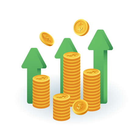 Arrows for faster growth in profits and currency costs 3D icon. Online financial chart and coins 3D vector illustration on white background. Forex, stock market, exchange and selling money conceptのイラスト素材