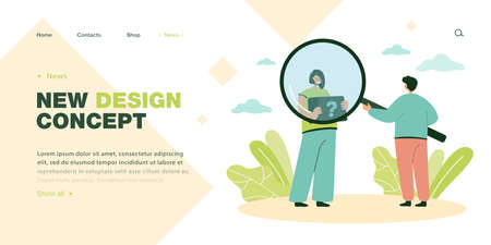 Man looking through magnifier at girl holding tablet with interrogation mark. Survey of target audience flat vector illustration. Focus group concept for banner, website design, landing web pageのイラスト素材
