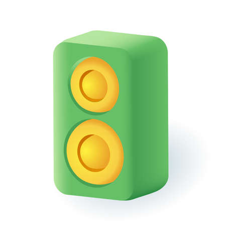 Green music speaker with loudspeakers and woofer 3D icon. Acoustic system, retro audio equipment to play sound and voice 3D vector illustration on white background. Multimedia, amplifier box conceptのイラスト素材