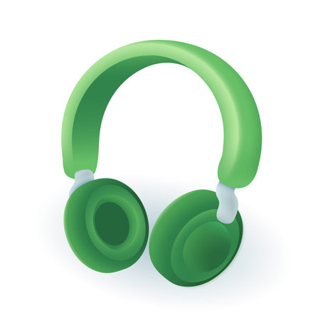 Green headphones 3D icon. Headset to listen to music, audio recording, sound of live interview in radio broadcast 3D vector illustration on white background. Earphones, multimedia, accessory conceptのイラスト素材