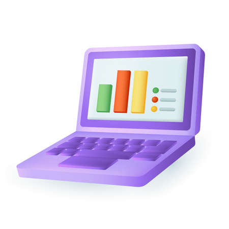 3d cartoon style laptop with infographic elements on screen icon. Business data analysis or financial statistics flat vector illustration. Development, research, management conceptのイラスト素材