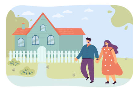 Happy couple near their house flat vector illustration. Man and woman holding hands, going home. Property, love, family, estate concept for banner, website design or landing web pageのイラスト素材