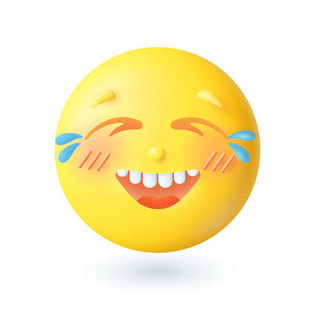 3d cartoon style emoticon crying with laughter icon. Happy yellow face having fun, laughing flat vector illustration. Emotion, joy, expression, happiness, communication conceptのイラスト素材