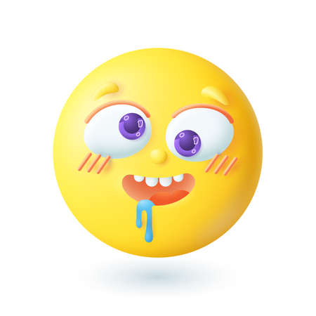 3d cartoon style happy drooling emoticon icon. Hungry yellow face waiting for delicious food flat vector illustration. Emotion, expression, happiness, joy, communication conceptのイラスト素材