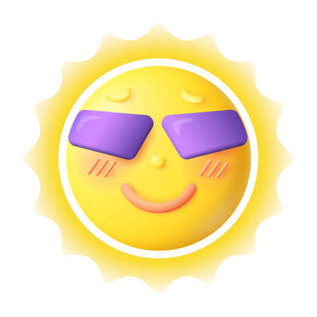 3d cartoon style happy yellow sun in sunglasses icon. Smiling hot summer sun on white background flat vector illustration. Weather, emotion, climate, energy conceptのイラスト素材