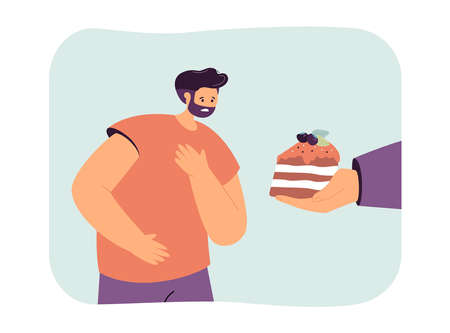 Human hand giving cake to man flat vector illustration. Treating with dessert of celebrating birthday. Food, greeting concept for banner, website design or landing web pageのイラスト素材