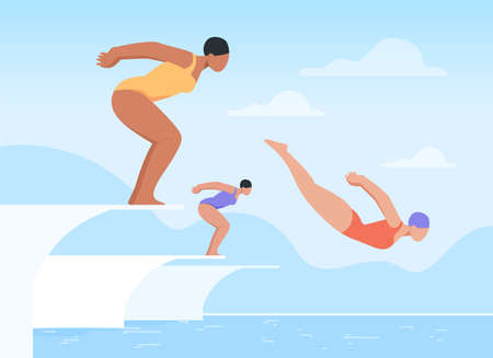 Women in swimsuit diving into water flat vector illustration. Female divers or swimmers jumping from trampoline or diving board during high diving competition race. Sport, fitness conceptのイラスト素材