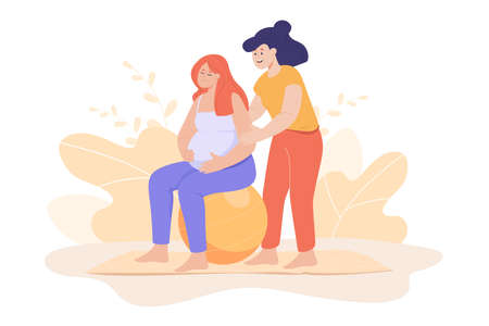 Trainer helping pregnant woman sitting on ball. Expecting mother doing exercises with female instructor or teacher flat vector illustration. Sport, fitness, meditation, physical activity conceptのイラスト素材
