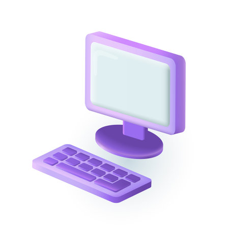 Computer with keyboard icon in 3d style. Colorful realistic PC with blank monitor on white background flat vector illustration. Cyberspace, internet, device, gadget, technology conceptのイラスト素材