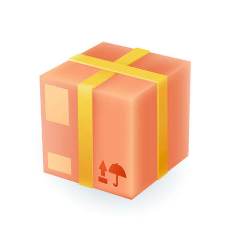 Cardboard box with packaging signs 3D icon. Package shipment, umbrella and arrow symbol 3D vector illustration on white background. Delivery service, online shopping, transportation, shipping conceptのイラスト素材