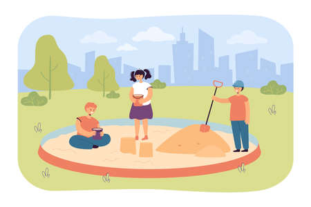 Cute cartoon children playing in sandbox together. Kids with plastic buckets, pile of sand flat vector illustration. Childhood, communication, entertainment concept for banner or landing web pageのイラスト素材