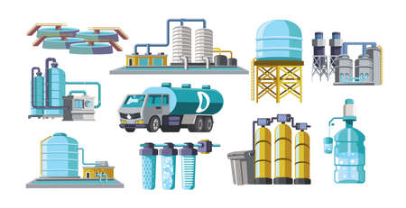 Stages of water purification process cartoon illustration set. Water filters, tank, liquid treatment plants, industrial wastewater separator. Filtration, technology, industry conceptのイラスト素材
