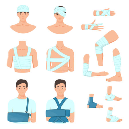 Man with bandaged head, arm and leg cartoon illustration set. Fracture treatment, bandaged elbow, knee and finger. Healthcare, injury, medicine, trauma, accident conceptのイラスト素材