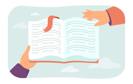 Hand of person turning page of big book or journal. Hands holding diary or book flat vector...