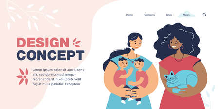 Two women holding kids and cats flat vector illustration. Cute female pet lover and mother talking,...