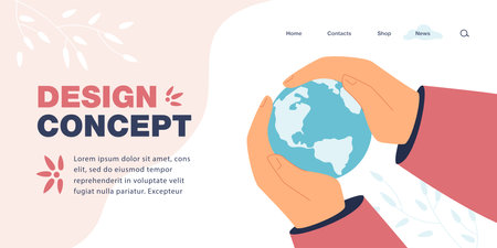 Hands holding planet earth flat vector illustration. Globe in mans hands. Person taking care of environment, saving planet. Ecology, protection concept for banner, website design or landing web pageのイラスト素材