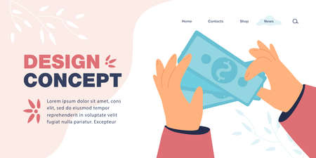 Hands holding dollar banknotes flat vector illustration. Person holding money, cash, savings as symbol of wealth and success. Finance concept for banner, website design or landing web pageのイラスト素材