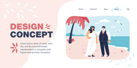 Happy bride and groom on beach flat vector illustration. Newlyweds having wedding ceremony on shore...
