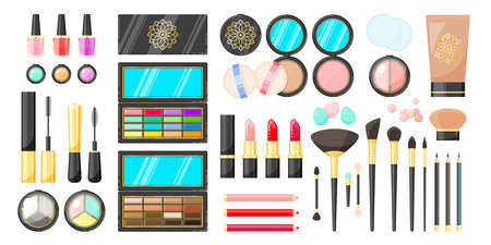 Different makeup products cartoon illustration set. Packages of decorative cosmetics, lipstick, mascara, eyeshadow, tinting cream, brushes, blush, powder, other womens stuff. Skin care, beauty conceptのイラスト素材