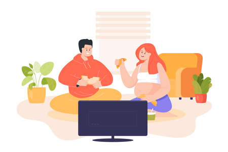 Pregnant wife and her husband sitting and watching TV. Happy couple sitting on floor at home, talking, spending time together flat vector illustration. Family, parenthood, togetherness conceptのイラスト素材