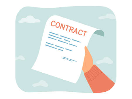 Hand holding sheet of paper with word contract. Person with agreement, job application or legal...