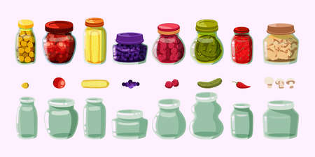Empty and full pickled products jars cartoon illustration set. Peas, pepper, mushrooms, corn, berries and olives in glass cans. Canning, conserve, grocery, tinned or preserved food conceptのイラスト素材
