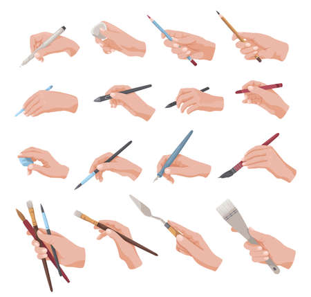 Hands holding writing or painting tools vector illustrations set. Hands of painters holding pen, pencil, paintbrush, eraser isolated on white background. Art, education, stationery, creativity conceptのイラスト素材