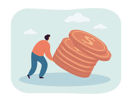 Man carrying heavy stack of cash money. Tiny person holding dollar coins for investment or payment flat vector illustration. Finance, weight concept for banner, website design or landing web pageのイラスト素材