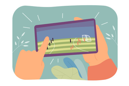Customers hand touching phone screen with soccer mobile app. Person watching live match in smartphone flat vector illustration. Online football concept for banner, website design or landing web pageのイラスト素材