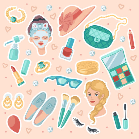 Beauty stickers cartoon illustration collection. Beauty products, mascara, nail polish, jewelry, glasses, stylish accessories, cosmetic. Glamour, stationery, fashion conceptのイラスト素材