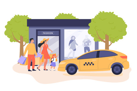 Happy family with shopping bags walking towards taxi. Man, woman and girl next to yellow car flat vector illustration. Shopping, taxi service, transportation concept for banner or landing web pageのイラスト素材