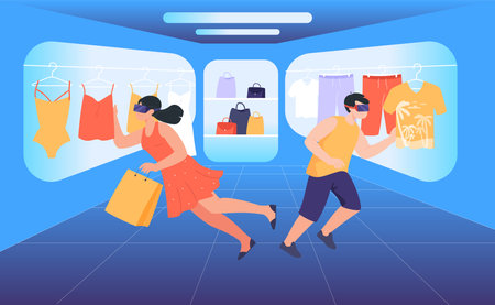 Man and woman in VR glasses buying clothes. Customers in goggles in virtual clothing store flat vector illustration. Online shopping, technology, metaverse concept for banner or landing web pageのイラスト素材