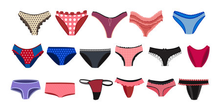 Women underwear cartoon illustration set. Female cotton and silk panties in different styles, thong, tanga, bikini, hipster, slip. Lingerie, femininity, glamour conceptのイラスト素材