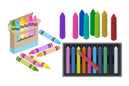 Crayon packages vector illustrations set. Cartoon drawings of cute color pencils in box or pack for babies isolated on white background. Creativity, childhood, stationery conceptのイラスト素材