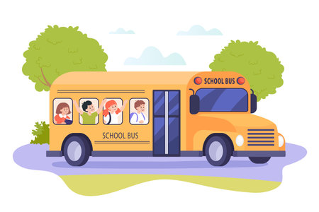 Side view of school bus with happy children inside. Kids going on roadtrip or to school on yellow...