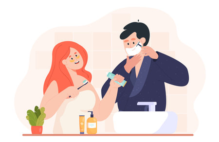 Happy man shaving and woman brushing teeth in bathroom. Cartoon wife and woman doing morning or evening routine flat vector illustration. Family, hygiene, beauty concept for banner or landing web pageのイラスト素材