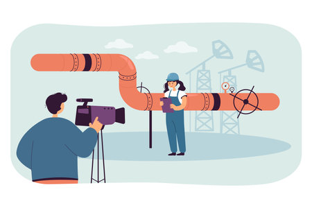 Man with camera recording pipeline inspection process. Female worker standing near equipment flat vector illustration. Oil and gas industry concept for banner, website design or landing web pageのイラスト素材