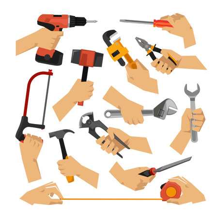 Hands of craftsmen holding tools vector illustrations set. Collection of cartoon drawings of hands with steel instruments for metal work at factory. Construction, industry, repair service conceptのイラスト素材