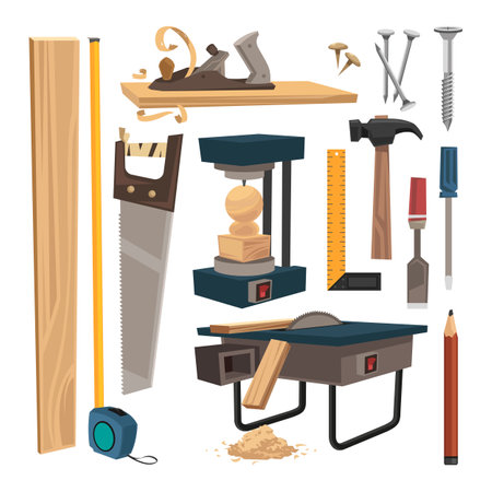 Different tools for woodwork vector illustrations set. Collection of cartoon drawings of instruments and workbench for carpentry work on white background. Carpentry, renovation, professions conceptのイラスト素材