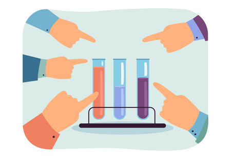 Fingers pointing at samples of different colors in test tubes. Attention of people to laboratory research flat vector illustration. Diagnostics concept for banner, website design or landing web pageのイラスト素材