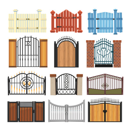 Fence gates set. Vector illustrations of manor barriers with closed doors, ornaments and decoration. Cartoon wrought iron, brick and wooden constructions isolated on white. Entrance, city conceptのイラスト素材