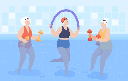 Senior women exercising with dumbbells in swimming pool. Aged persons doing exercises in water flat vector illustration. Hydrotherapy, holiday, old age concept for banner or landing web pageのイラスト素材